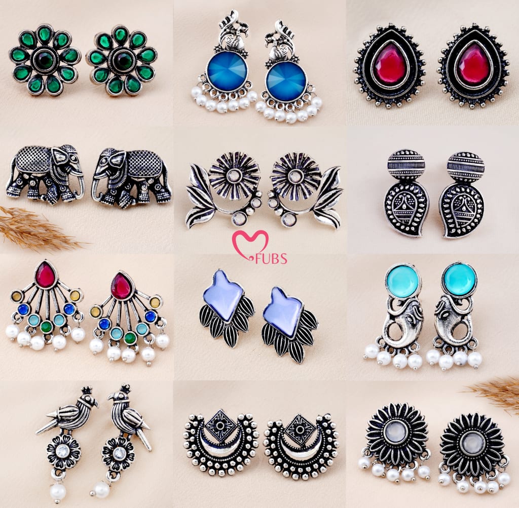 Set Of 12 Oxidized Designer Stud Earrings With Folding Jewelry Box