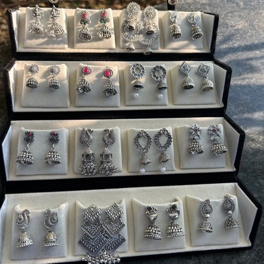 Set Of 16 Oxidized Designer Jhumka's With Folding Jewelry Box