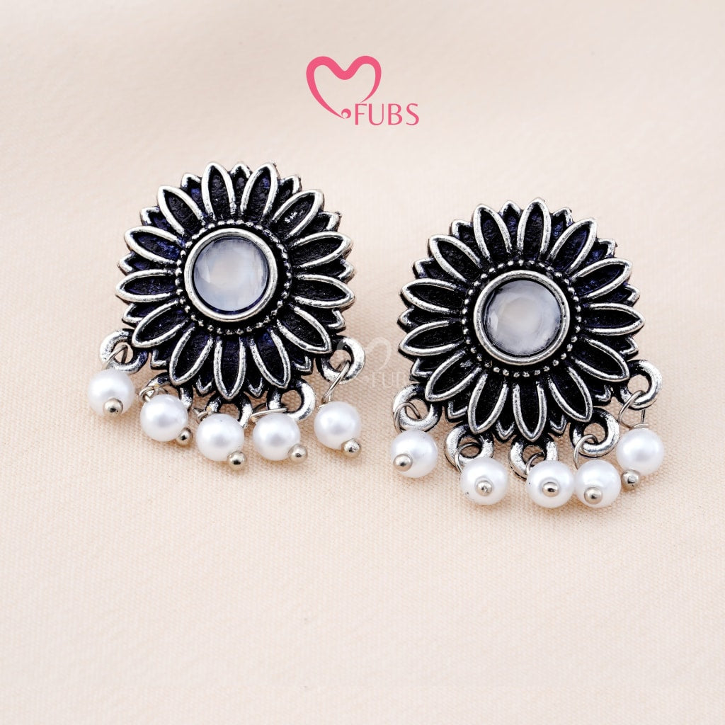 Set Of 12 Oxidized Designer Stud Earrings With Folding Jewelry Box