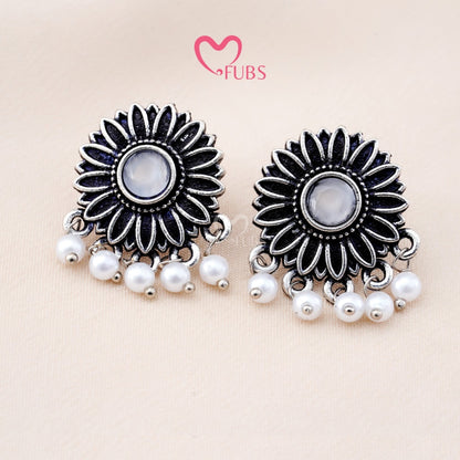 Set Of 12 Oxidized Designer Stud Earrings With Folding Jewelry Box