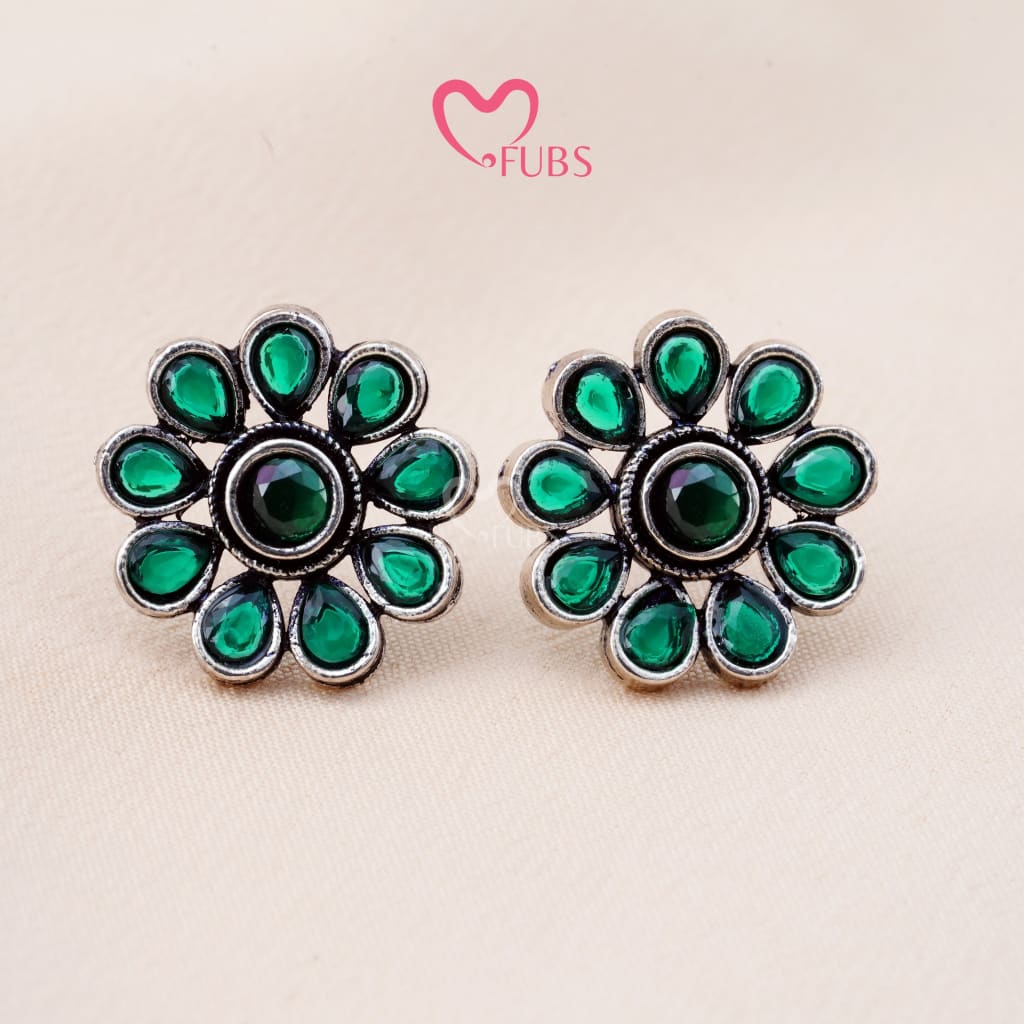 Set Of 12 Oxidized Designer Stud Earrings With Folding Jewelry Box