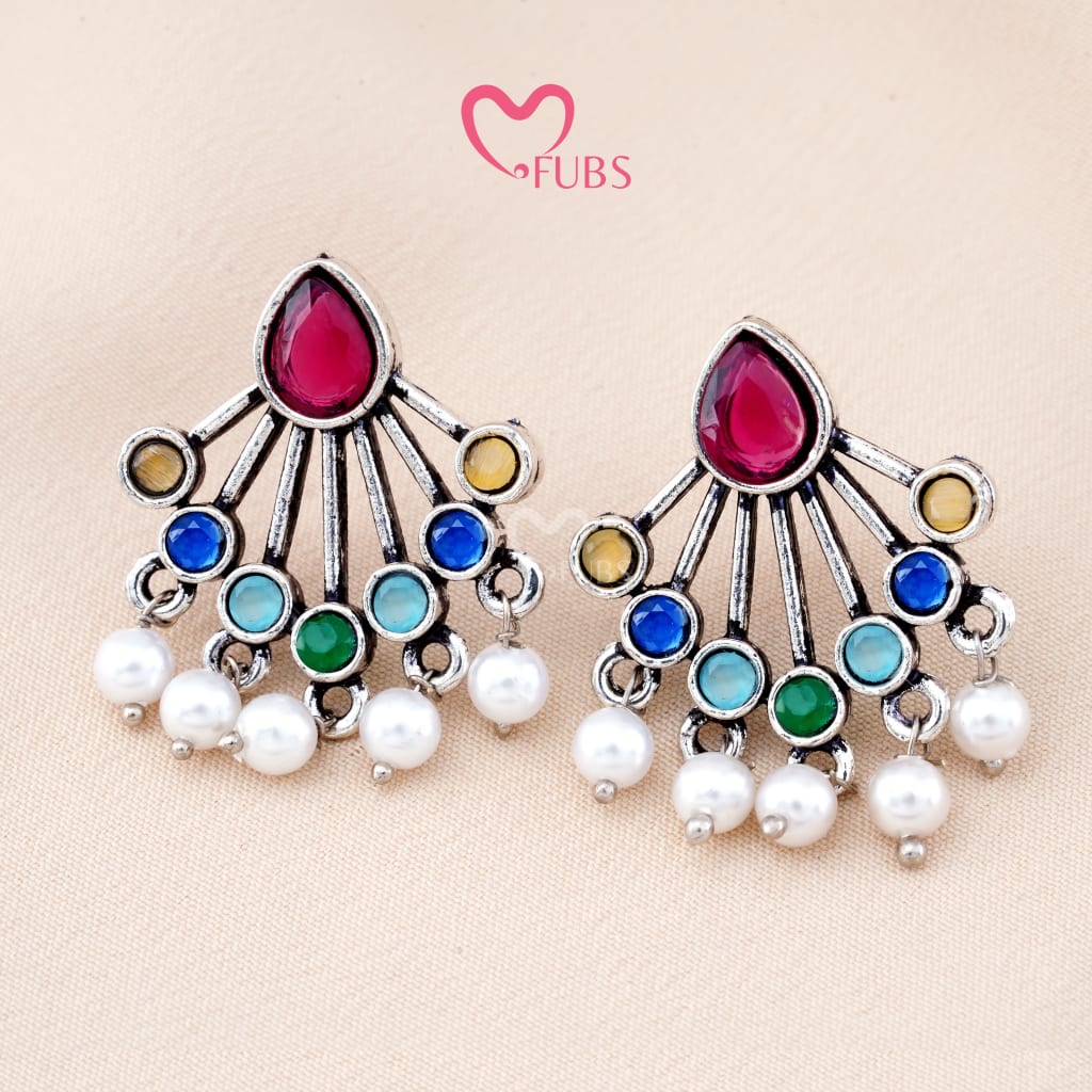 Set Of 12 Oxidized Designer Stud Earrings With Folding Jewelry Box