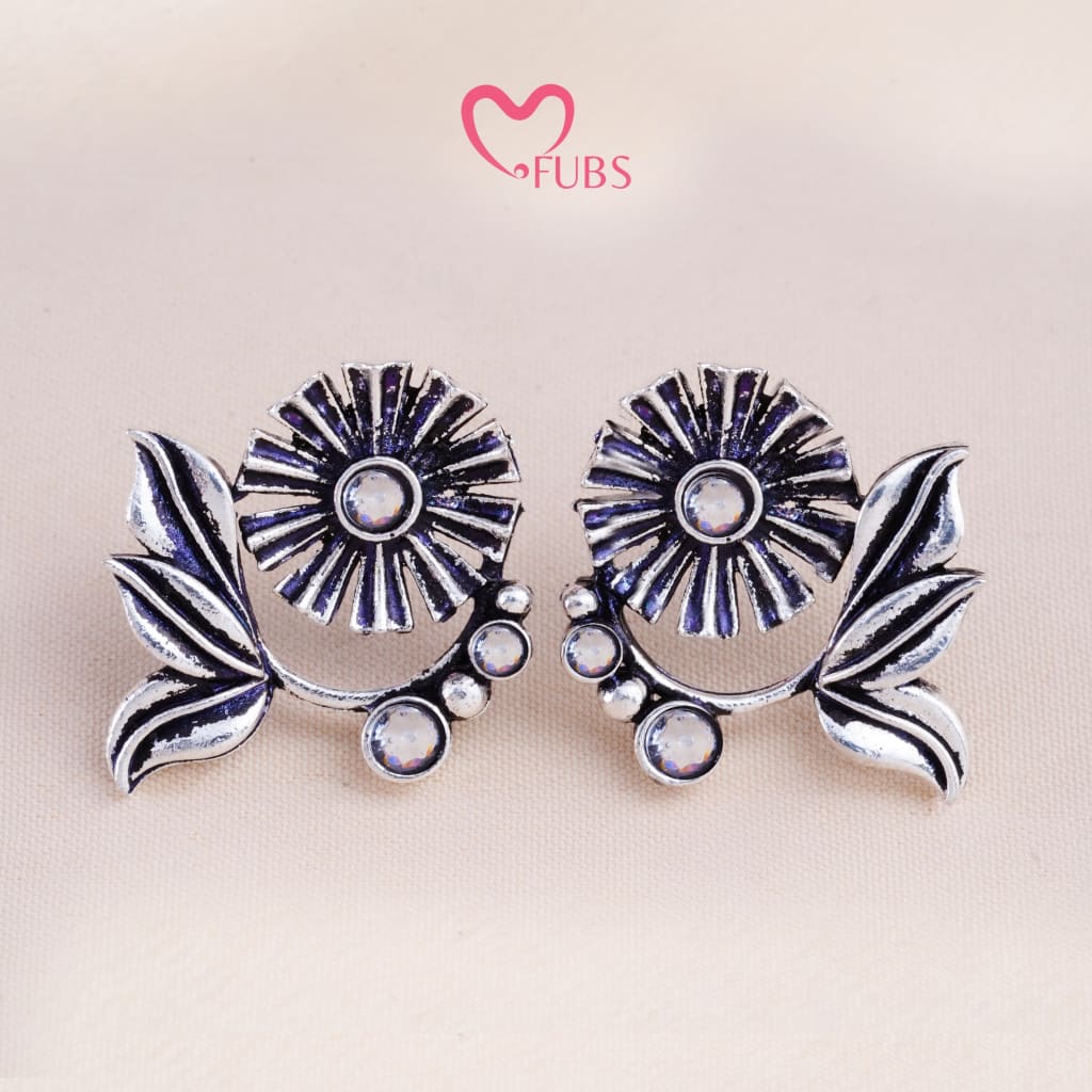 Set Of 12 Oxidized Designer Stud Earrings With Folding Jewelry Box