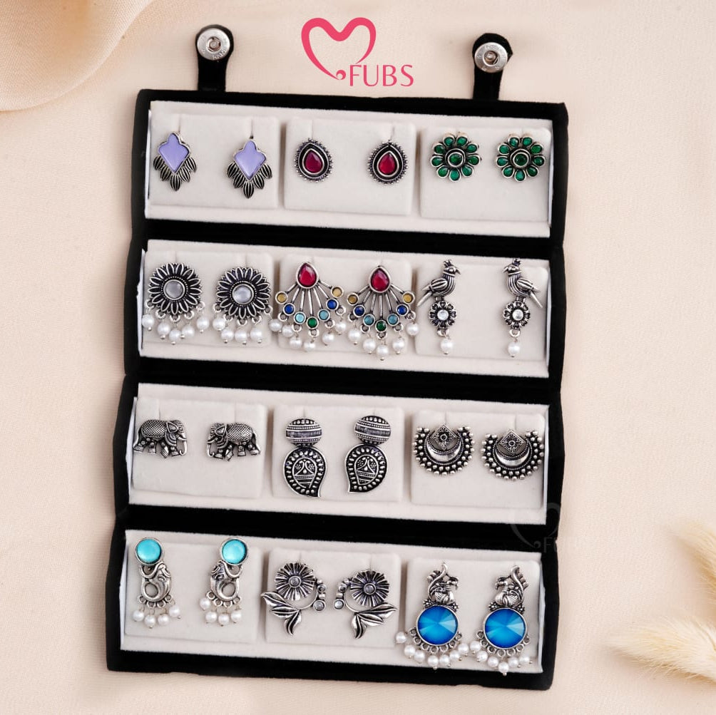 Set Of 12 Oxidized Designer Stud Earrings With Folding Jewelry Box