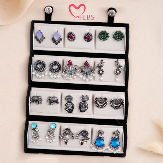 Set Of 12 Oxidized Designer Stud Earrings With Folding Jewelry Box